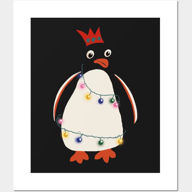 Funny Cartoon Christmas Penguin wrapped in Fairy Lights and Wearing Paper Xmas Hat Wall Art by NattyDesigns